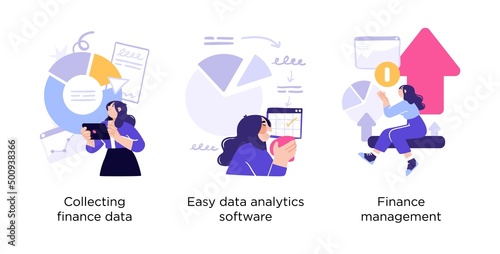 Financial literacy - set of business concept illustrations. Collecting finance data, Data analytics, Finance management. Visual stories collection.