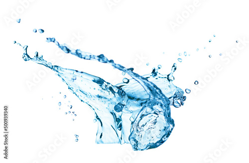 Blue water splash and drops isolated on white background