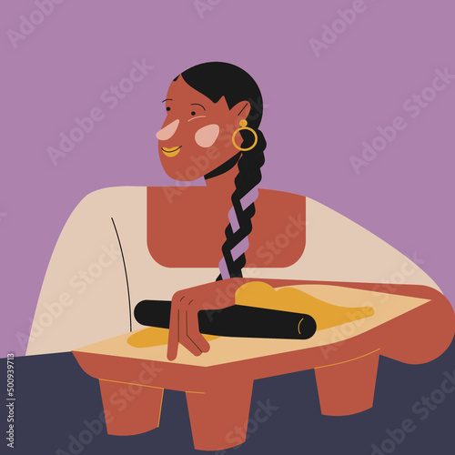 Ilustración de vector de mujer latina mexicana sonriendo sosteniendo un metate para hacer salsa, mole o chocolate