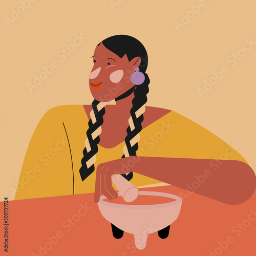 Ilustración de vector de mujer latina mexicana sonriendo sosteniendo un molcajete para hacer salsa