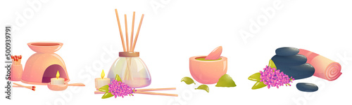 Aromatherapy clipart with lilac flower, aromatic sticks, candles and hot stones. Items for relaxation and body care. Refreshing scent of lilac, mint for health. Cartoon vector illustration.