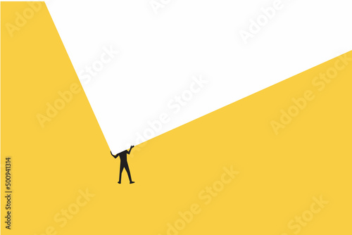 Strong business man vector concept. Symbol of strength, courage, power. Businessman lifting a heavy cube. business illustration. Businessman pushing huge stone up. problem crisis