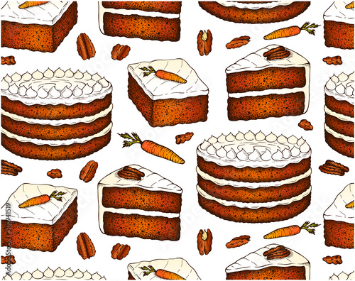 Sketch drawing pattern of Carrot cake isolated on white background. Hand drawn wallpaper of baked sweet dessert . Engraved pecan nuts, whipped cream, walnut. Line art food. Vintage vector illustration