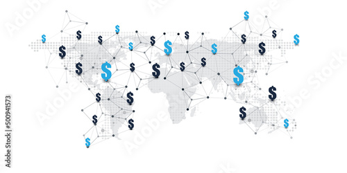 Worldwide Financial Connections, Online Banking, Digital Money Transfer -  Business Network Structure, Connection, Data Exchange, Cooperation, Technology Concept