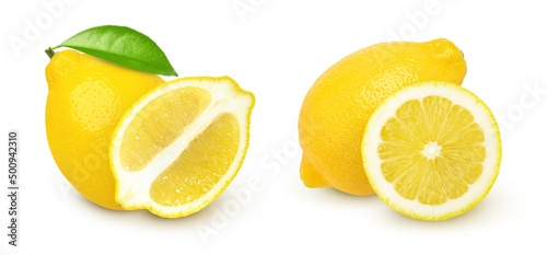 Close up, lemon fruit and half isolated on white background, juicy lemon fruit, cut out