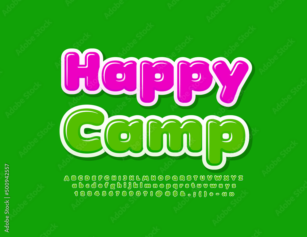 Vector funny banner Happy Camp. Green glossy Font. Modern style Alphabet Letters, Numbers and Symbols set