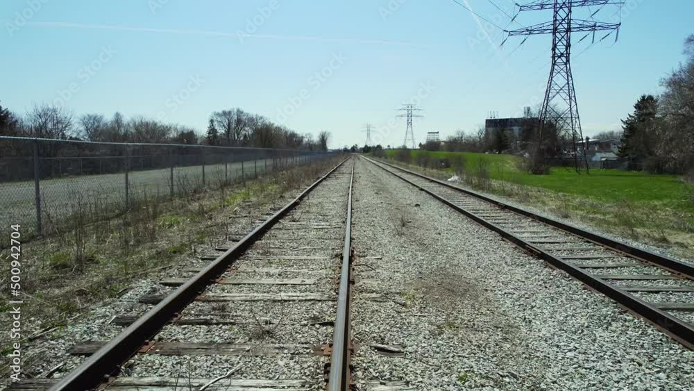 View of railroad track from the bottom of the train. Imitation of train rides at railway track. View from the front of the train. Railway track aerial fpv fast hovering over train rails. View of railroad track from the bottom of the train. Imitation of train rides at railway track. View from the front of the train. Railway track aerial fpv fast hovering over train rails.