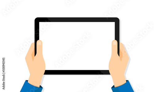 Tablet computer in hands on a white background. Tablet blank screen. Vector EPS 10