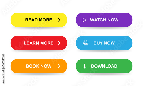 Flat style buttons for website. Read more, Learn more, Book now, Watch now, Buy now, Download. Vector EPS 10