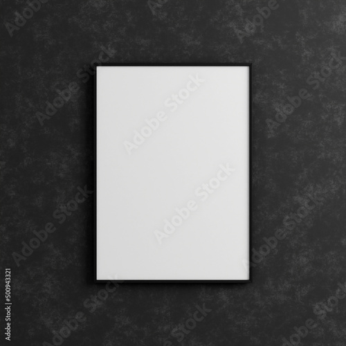 Modern and minimalist vertical black poster or photo frame mockup on the industrial black wall. 3d rendering.
