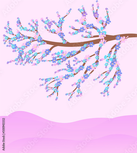 flowering tree on a pink background. tree branches strewn with beautiful small flowers.