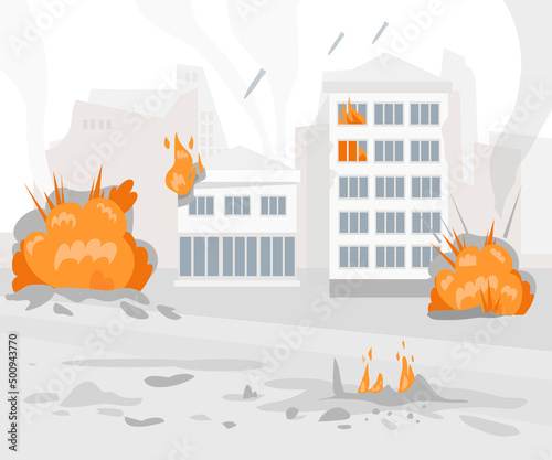 The concept of the threat of war. City on fire. Explosions, rockets, bombs, fires. Stop the war. Vector flat style. photo