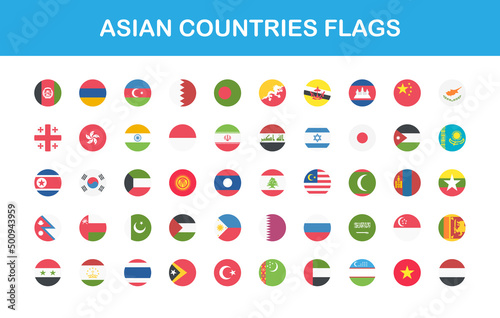 Asian countries flags round web buttons in flat. Vector EPS 10