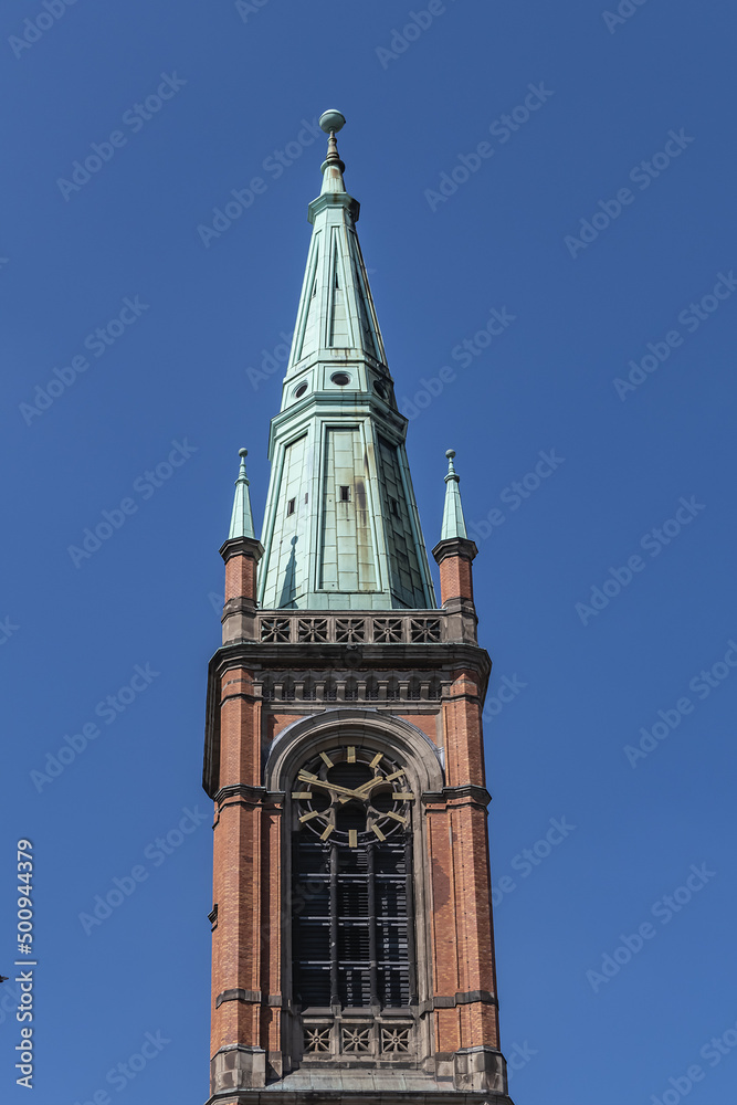 Protestant St John's Church (Johanneskirche, 88 m high tower) in the square of Martin-Luther. Church built from 1875 to 1881 in Romanesque Revival style. DUSSELDORF, GERMANY.