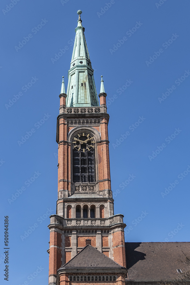Protestant St John's Church (Johanneskirche, 88 m high tower) in the square of Martin-Luther. Church built from 1875 to 1881 in Romanesque Revival style. DUSSELDORF, GERMANY.
