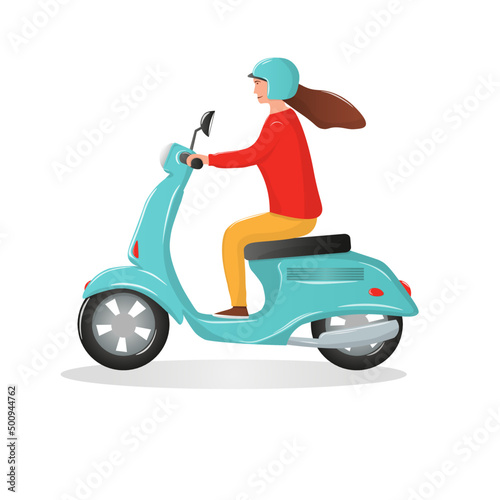 Female motorcyclist riding on blue scooter motorbike. Young woman using motorcycle transport for travel and trip. Flat cartoon vector illustration isolated on white.