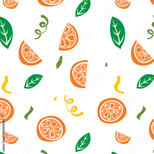 Fototapeta Naklejka Na Ścianę i Meble -  Hand drawn seamless pattern with silhouette orange slises, leaves and confetti for fabric and wrapping paper