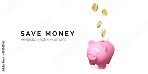 Pink piggy bank with falling gold coin. Money savings concept. 3D realistic pretty pig