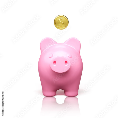 Pink piggy bank front view with falling gold coin. Money savings concept. 3D realistic pretty pig