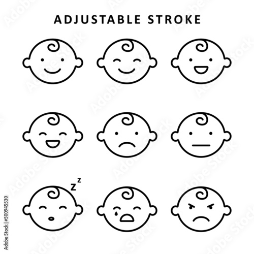 Minimalistic baby toddler emotions icons set with adjustable stroke. Isolated vector design on white background. 