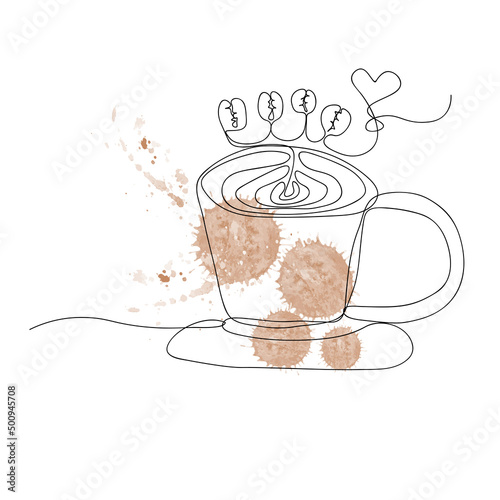 Hand drawn cup of latte coffee in line art doodle style with watercolor splash