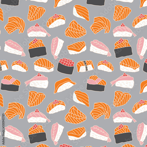 Seamless pattern background of hand drawn sushi set in doodle art style