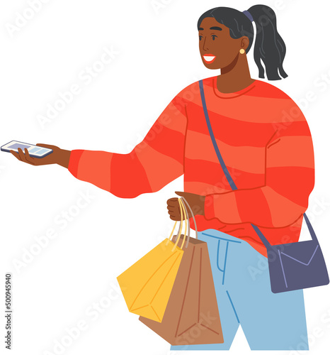 Happy girl with purchases in hands during shopping. Contactless payment by debit, credit card in smartphone. Woman pays for shopping in store. Lady with packages and phone vector illustration