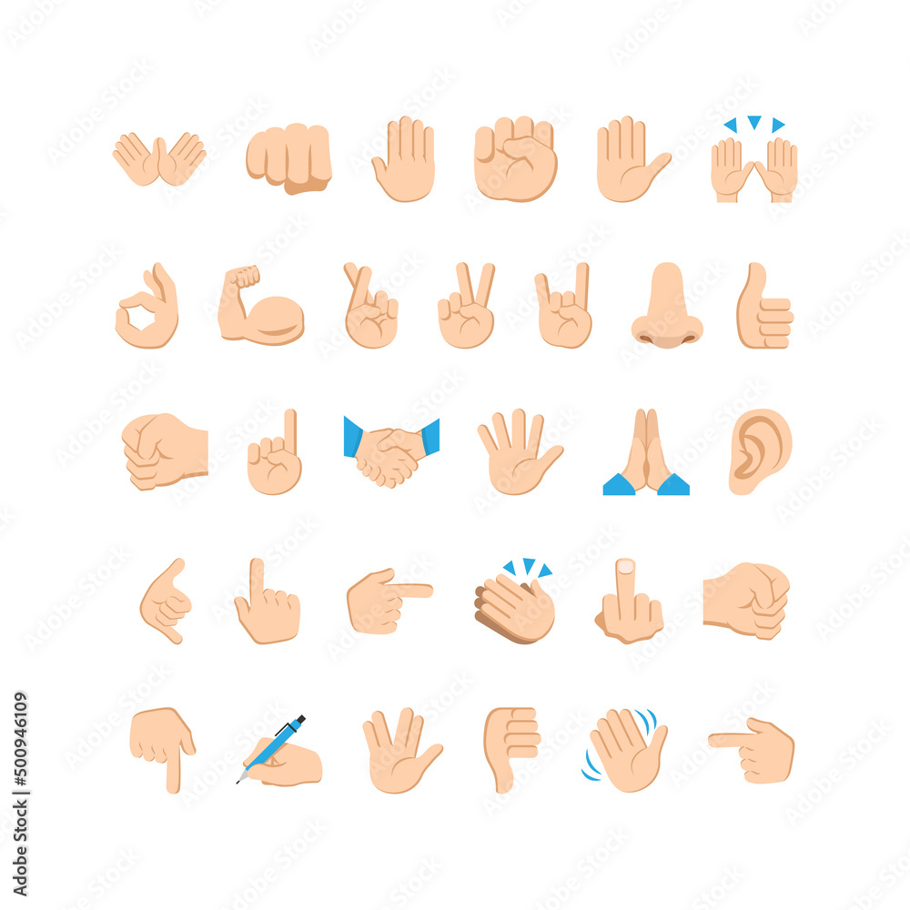 Emoji hand icons and symbols set. Hand gestures and signs. Vector EPS 10