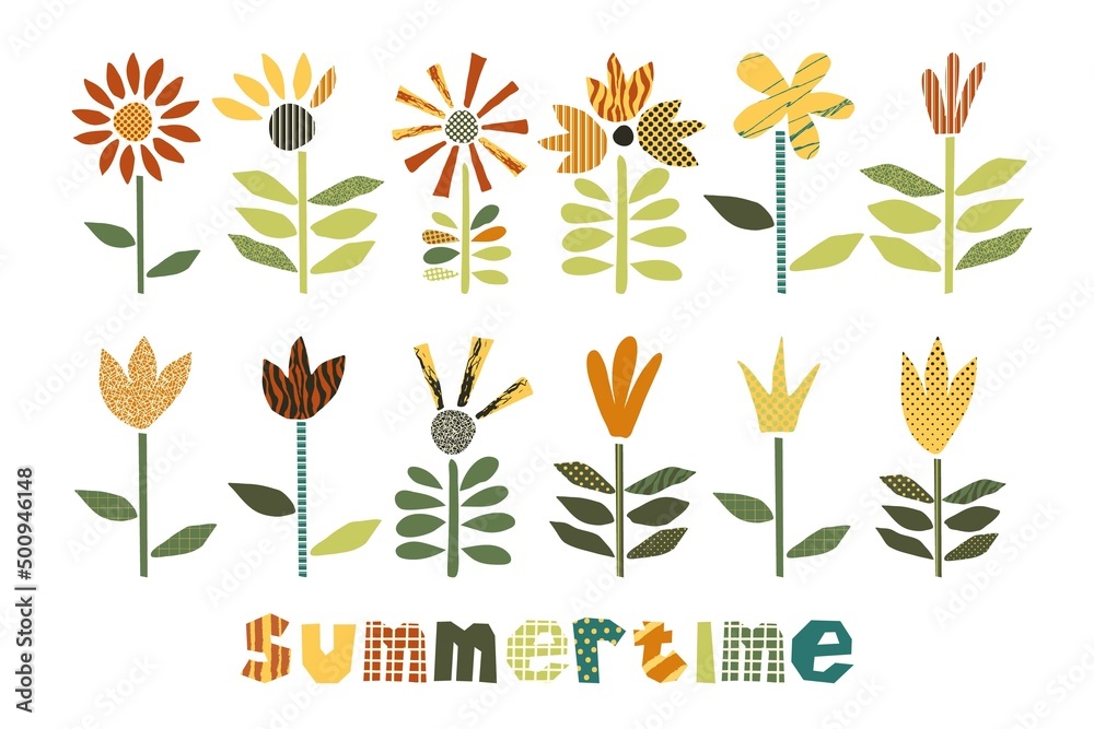 Vector collage illustration with cutout paper flowers. Summertime collage lettering. Cut out letters. Colorful abstract vector paper craft summer flowers.
