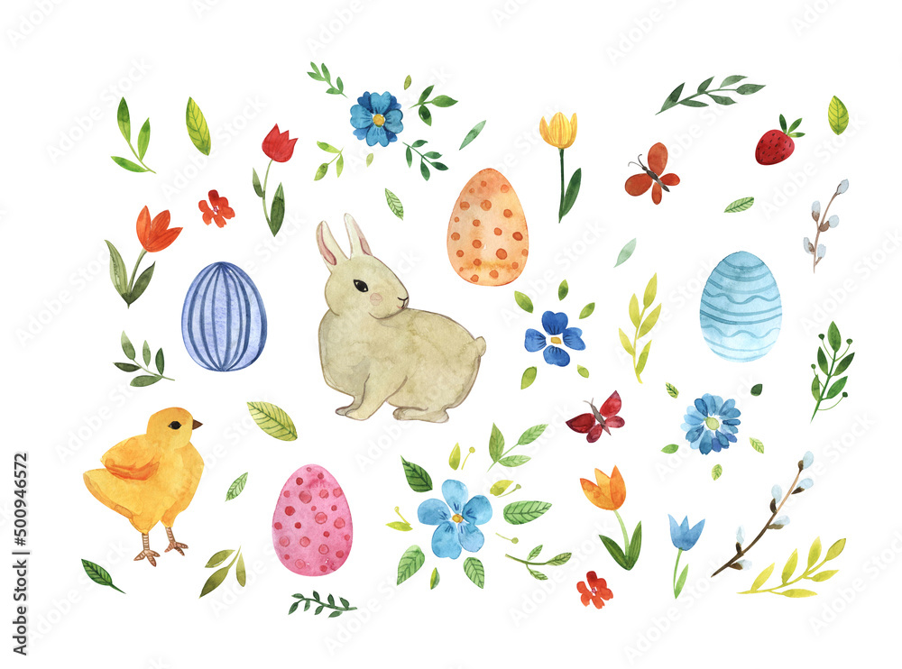 Obraz premium Watercolor set of Easter elements,eggs, rabbit, chicken, tulip flowers,
