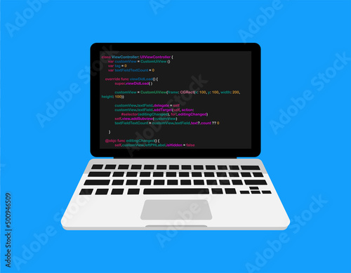 Computer and program design and code development. Coding and programming on a laptop. Application development technology and software. Vector.