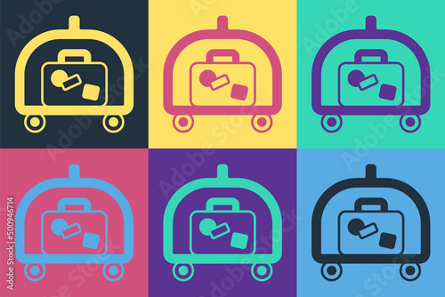 Pop art Hotel luggage cart with suitcase icon isolated on color background. Traveling baggage sign. Travel luggage icon. Vector