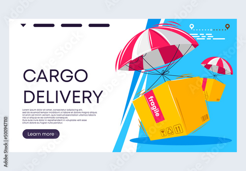 vector illustration of a banner template for a website, air delivery service, cargo and boxes delivery by air using air probes and balloons