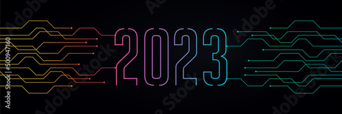 circuit board electronics digital technology banner 2023 blue