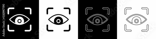 Set Eye scan icon isolated on black and white background. Scanning eye. Security check symbol. Cyber eye sign. Vector