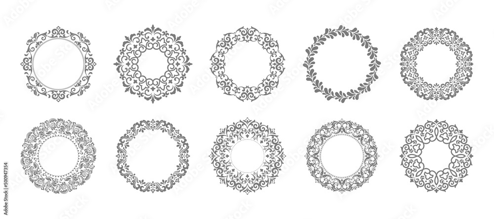 Set of decorative frames Elegant vector element for design in Eastern style, place for text. Floral gray and white borders. Lace illustration for invitations and greeting cards