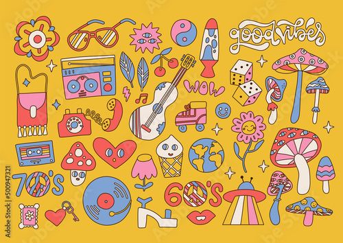 Retro 70s hippie psychedelic groovy elements set. Hand drawn funky mushrooms, flowers, musical instruments, vintage hippy style collection. Decorative disco lamp, heart, cherries. Vector illustration.