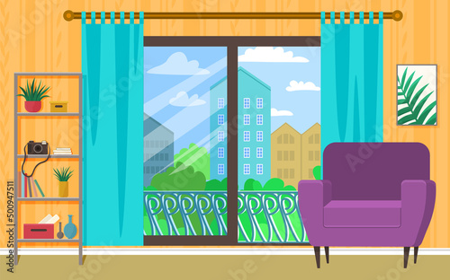 Design of modern living or hotel room. Home with comfortable furniture, sofa and armchair, panoramic window with view on buildings in city. Empty area for recreation, cozy hotel room interior