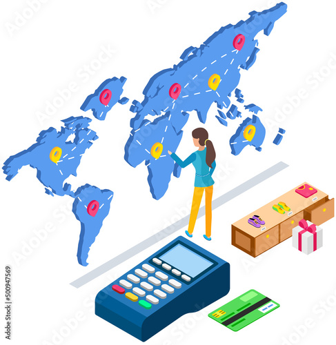 International postal mail delivery service and sale of goods concept. Woman studying destination map with marks. Map for worldwide delivery, pos terminal for payment and stand with store products