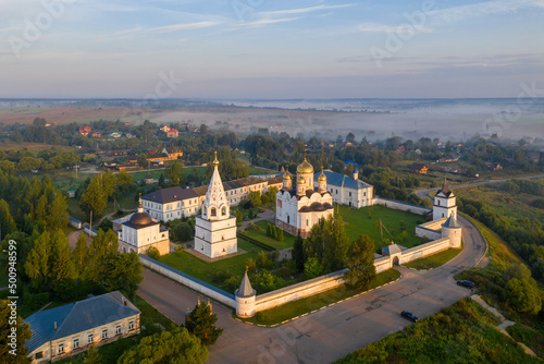 Aerial view of Luzhetsky Monastery on sunny summer morning. Mozhaysk, Moscow Oblast, Russia.