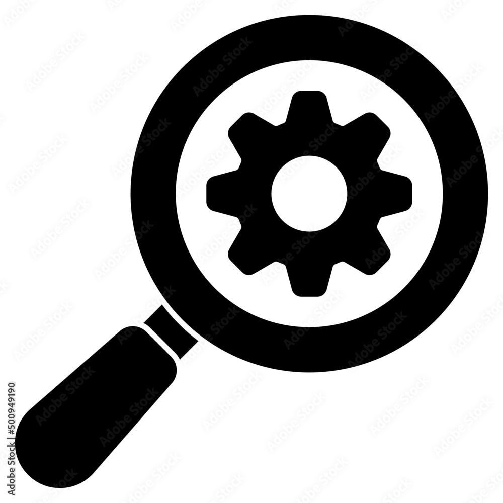 Gear under magnifying glass, icon of search setting Gear under magnifying glass, icon of search setting