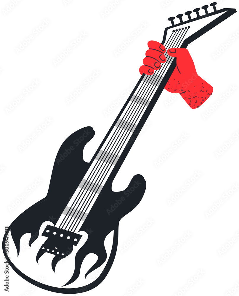 Obraz premium Human hand holding black and white stringed electric musical instrument. Guitar with strings for loud music. Modern instrument for guitarists. Person playing electric guitar vector illustration