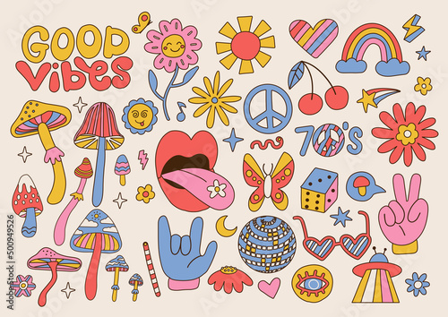 Big set of Retro 70s groovy elements, cute funky hippy stickers. Cartoon daisy flowers, mushrooms, peace sign, lips, rainbow, hippie collection. Positive hand drdawn vector isolated symbols .