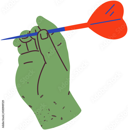Human hand with tool for playing darts. Dart throw as symbol of success, goal achievement. Playable object to be thrown at target vector illustration. Hand holding throwing dart with sharp tip