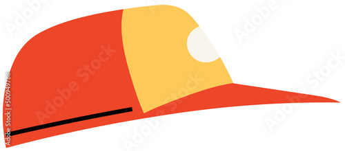Colored baseball cap isolated on white. Basic hat side view. Tennis sports goods bright design. Unisex headwear, peaked cap. Red-yellow hat with emblem, logo. Sports style element, headdress