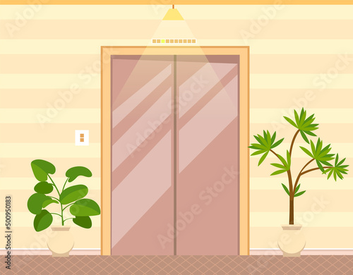 Elevator made in modern style. Door to cabin of lift with lifting mechanism. Expensive passenger lift in hotel or residential building. Elevator entrance design. Interior with doors and houseplants