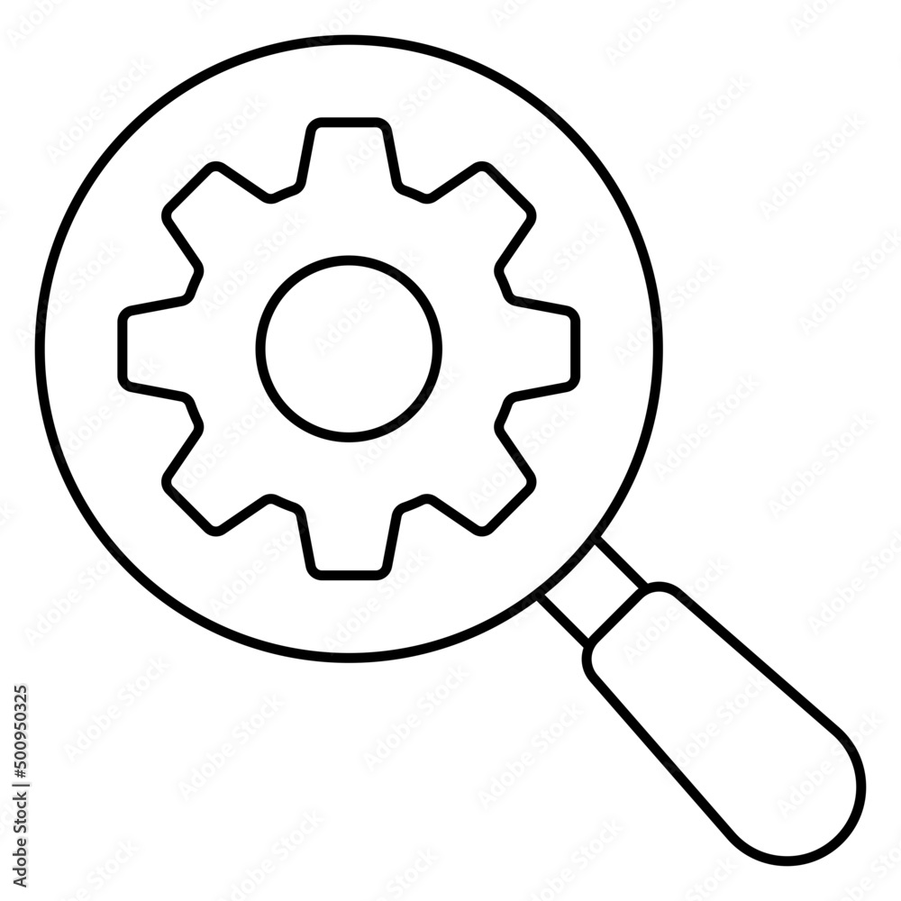 Gear under magnifying glass, icon of search setting Gear under magnifying glass, icon of search setting