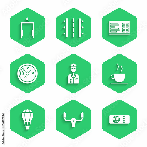 Set Pilot, Aircraft steering helm, Airline ticket, Coffee cup, Hot air balloon, Radar with targets monitor, Airport board and Metal detector airport icon. Vector