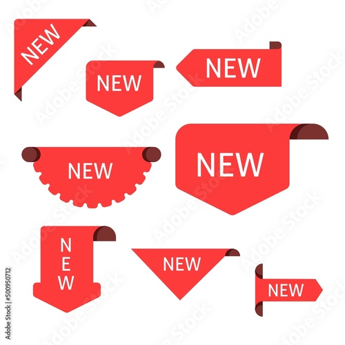 Corner sticker. Curly banner sales promotion label merchandise ribbon arrival vector collection.