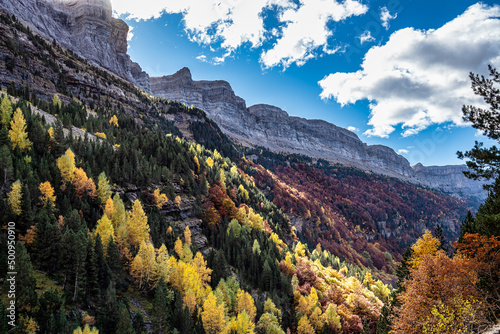 Autumn view of beautiful nature in Ordesa and Monte Perdido NP, Pyrenees, Aragon in Spain.